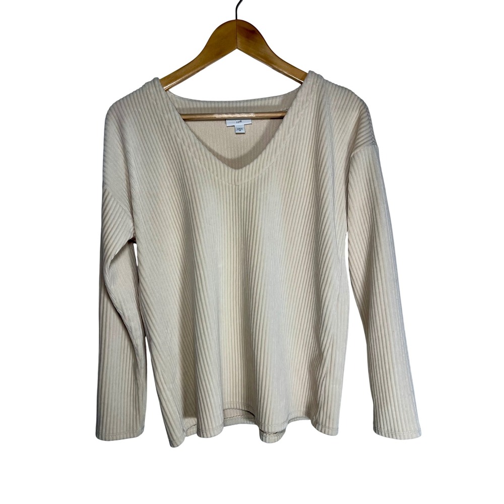 J.Jill Ribbed Knit V Neck Pullover Top Women XS Cream Drop Shoulder Oversized